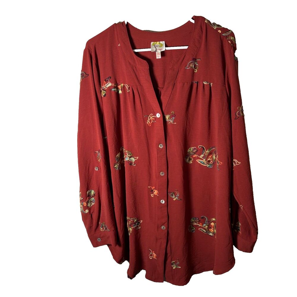 Fig & Flower Blouse Women's 2X Embroidered Button Up 3/4 Sleeve V-Neck Boho Top